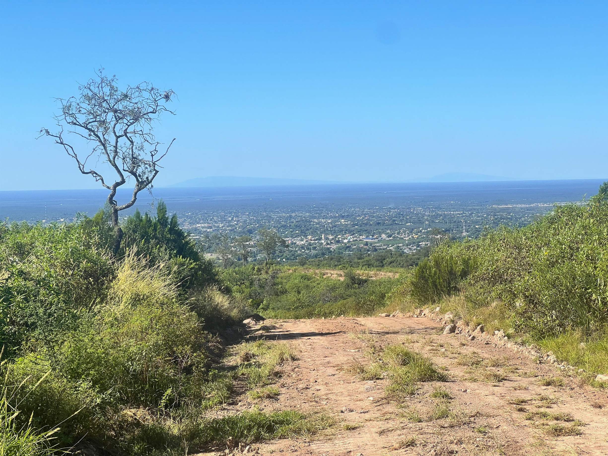 Vista real de Valle de la Paz: un camino de tierra entre vegetación serrana, con la ciudad de La Rioja en el horizonte.
